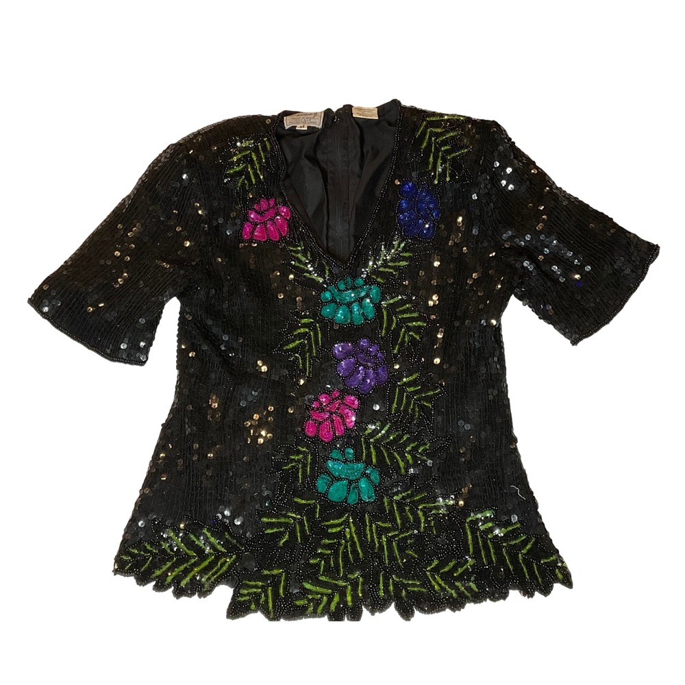 Vintage retro STENAY beaded sequin top blouse women's medium colorful 80s‎ silk